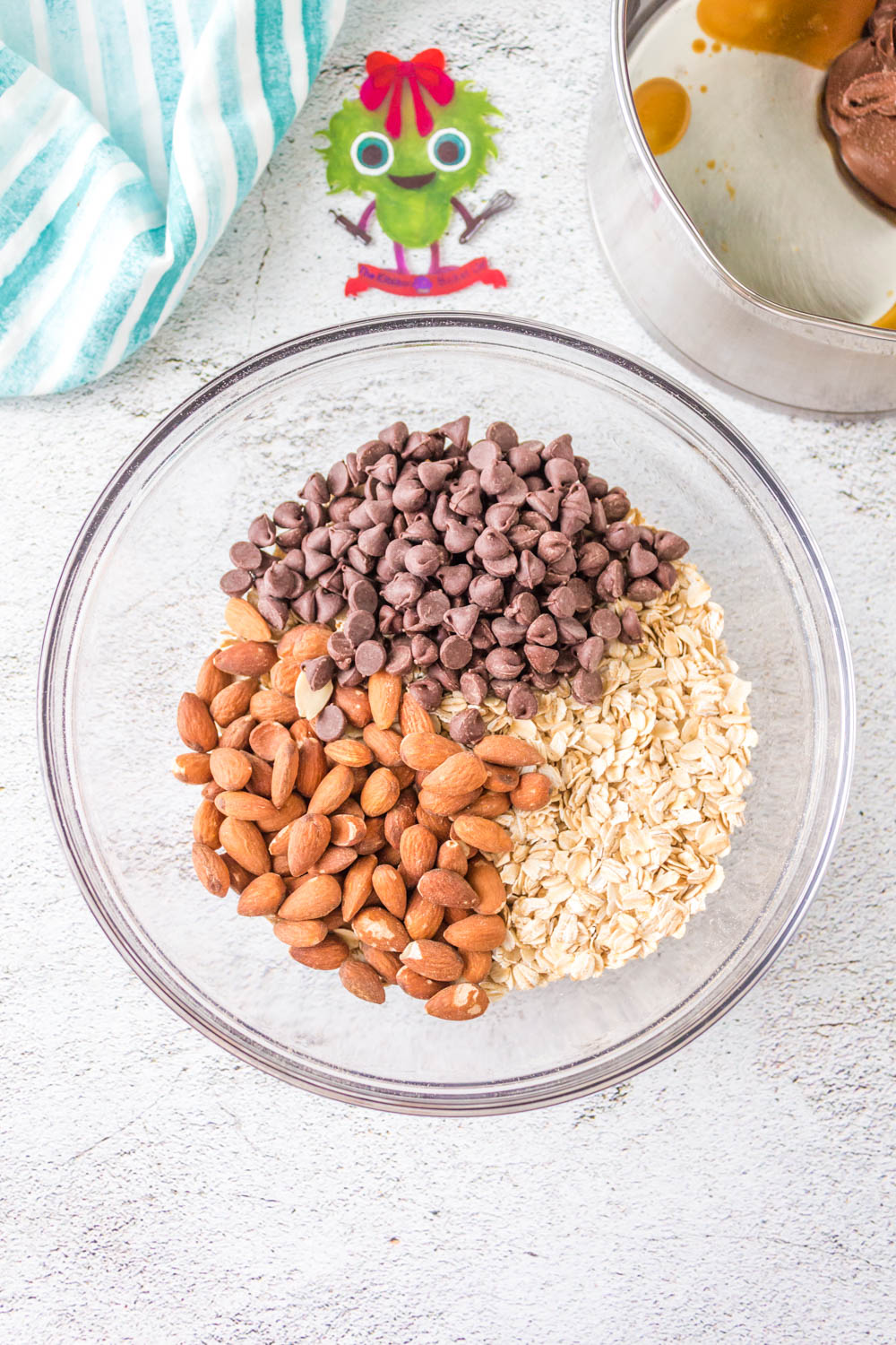 The star ingredients for this recipe are almonds, chocolate, and oats.