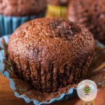 One of the chocolate muffins from cake mix that is ready to be eaten. You can see how one of the chocolate chips has melted on top.