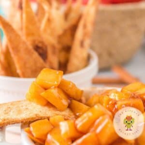Dipping a crunchy air fryer cinnamon sugar tortilla chip into apple pie dip.