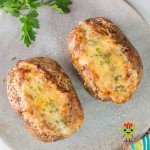 Overhead shot of our French onion potatoes that are a flavor-packed light meal or side dish. It made a delectable light meal for two with melted Gruyere cheese and chopped chives on top.