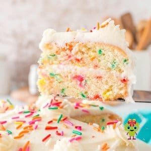 A slice of easy air fryer funfetti cake, cut from the cake and being served.