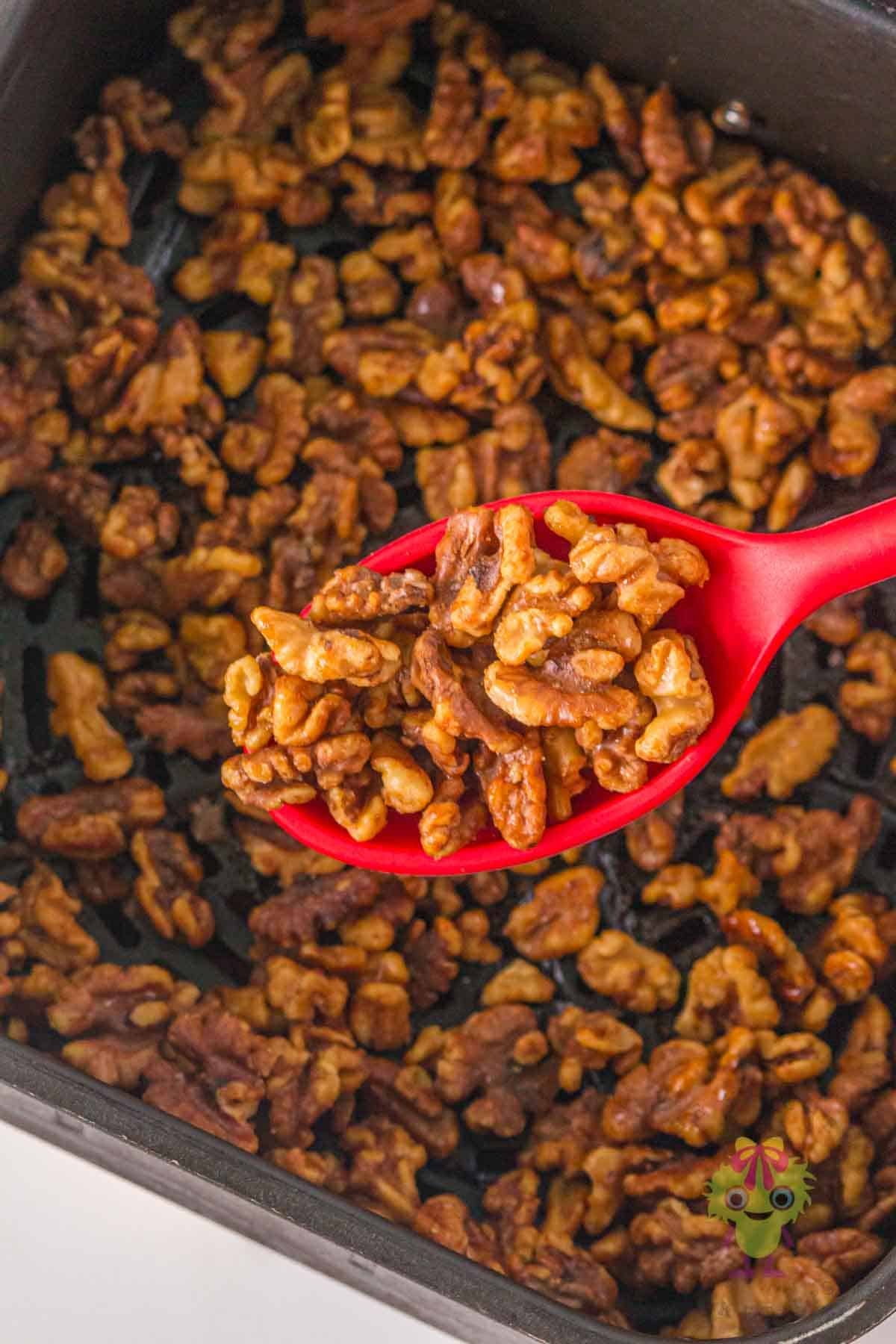 Scooping the walnuts out of the air fryer basket after roasting.