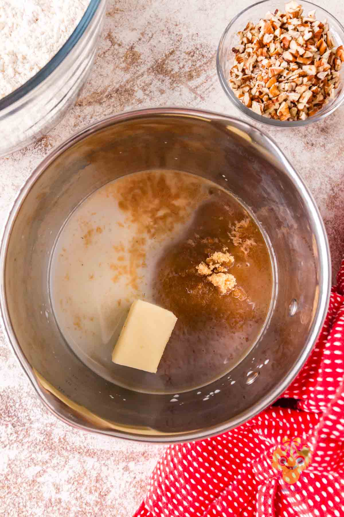 Showing the 5 ingredients to make the caramel filling with pecans.