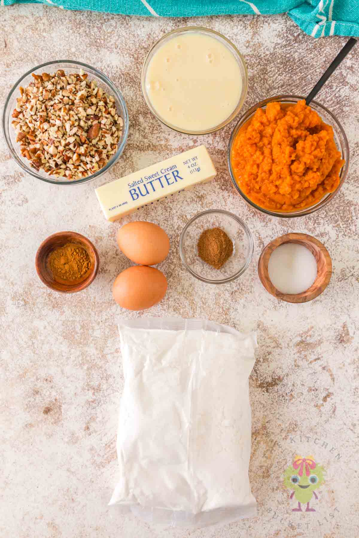 Overhead picture of the ingredients. Make sure to use canned pumpkin.