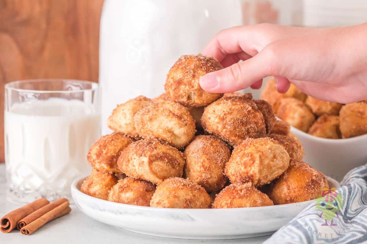 Freshly made cinnamon sugar pretzel bites stacked on a plate as a child grabs one, capturing the cozy, churro-like texture of homemade pretzels